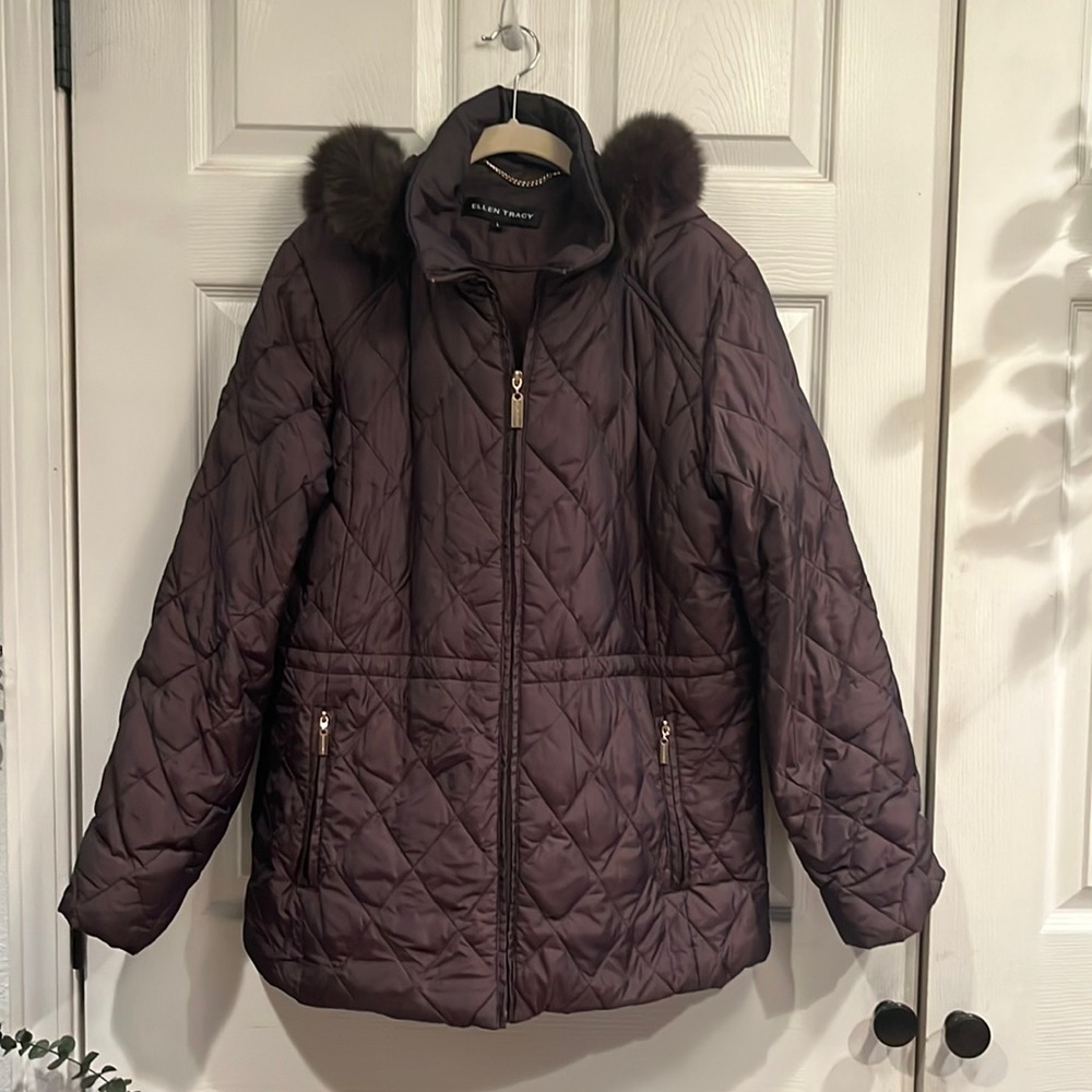Ellen Tracy Brand Size L Lined Down Jacket With Removable Hood